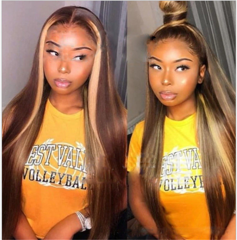 Mi-longueur droite cheveux brun pick or cheveux longs synthétique coiffures