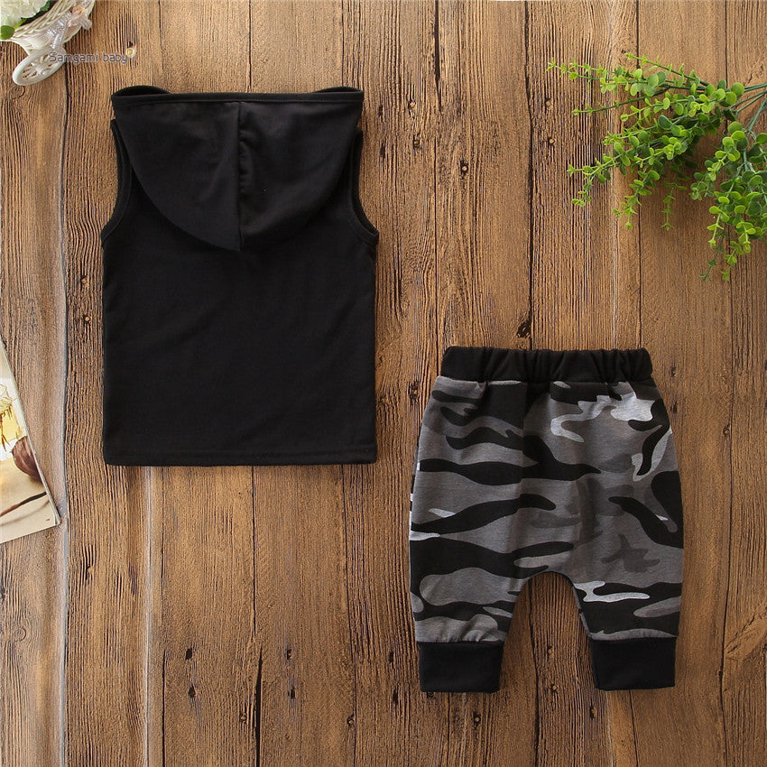 2 pièces enfant en bas âge enfants bébé garçon sans manches à capuche vêtements T-shirt hauts camouflage pantalon tenues