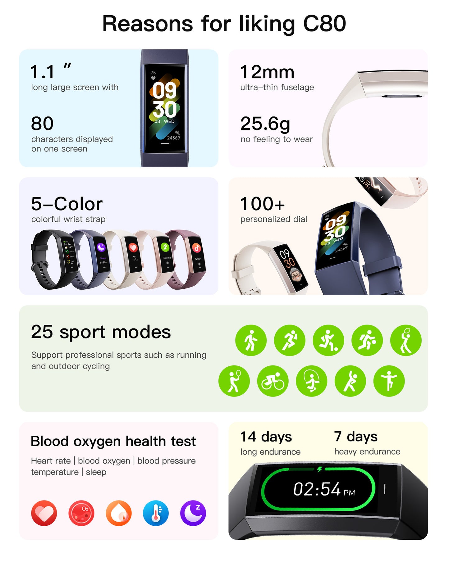 C80 Smart AMOLED écran puissance fréquence cardiaque bracelet de surveillance de l'oxygène sanguin