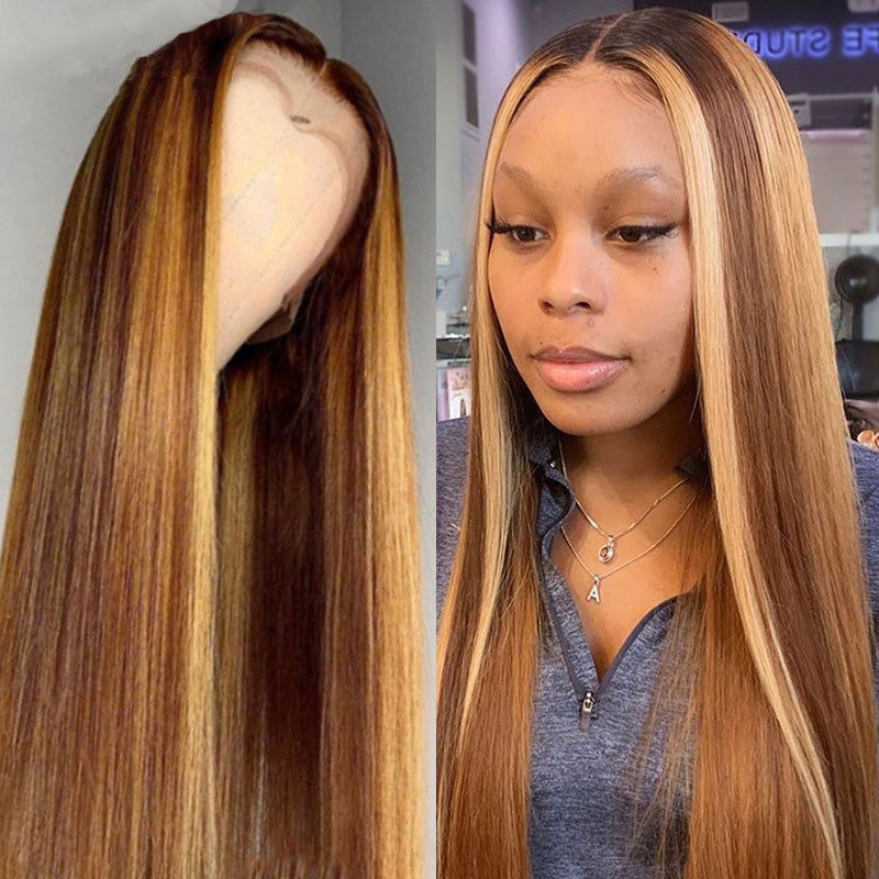 Mi-longueur droite cheveux brun pick or cheveux longs synthétique coiffures