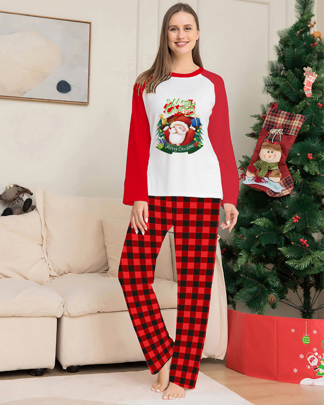 De noël Parent-Enfant Vêtements Ensemble À Manches Longues T-Shirt À Carreaux Pantalon Famille Correspondant Pyjama