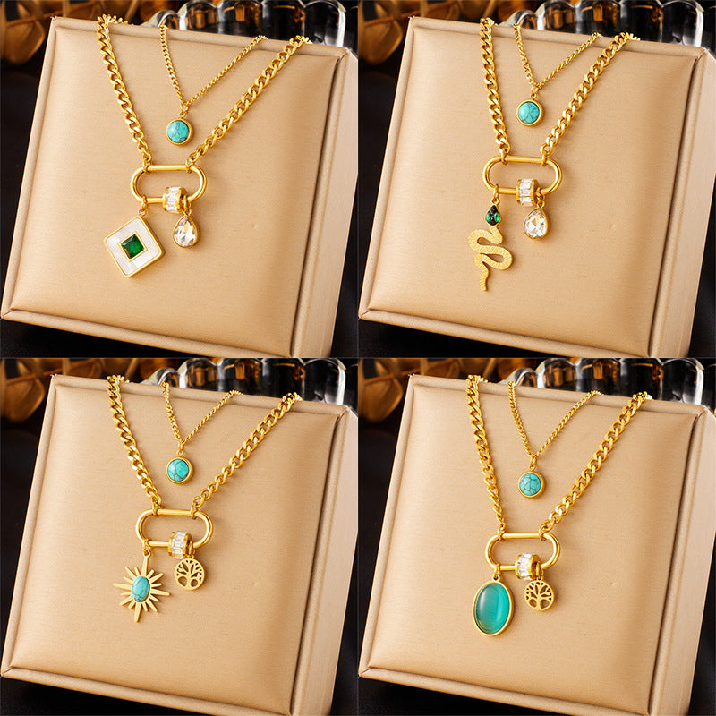 Double-layer Stainless Steel Gold-plated Chain Turquoise
