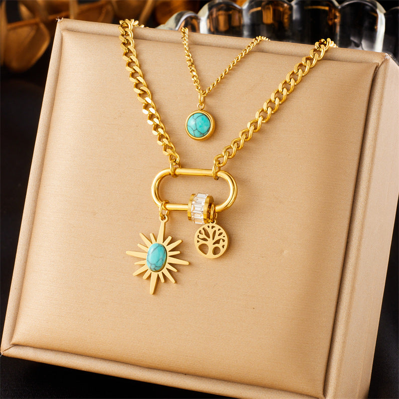 Double-layer Stainless Steel Gold-plated Chain Turquoise