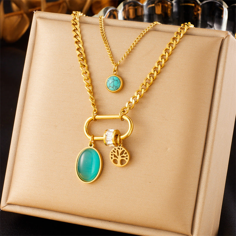 Double-layer Stainless Steel Gold-plated Chain Turquoise