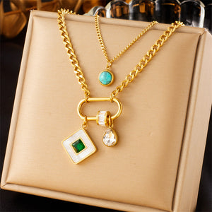 Double-layer Stainless Steel Gold-plated Chain Turquoise