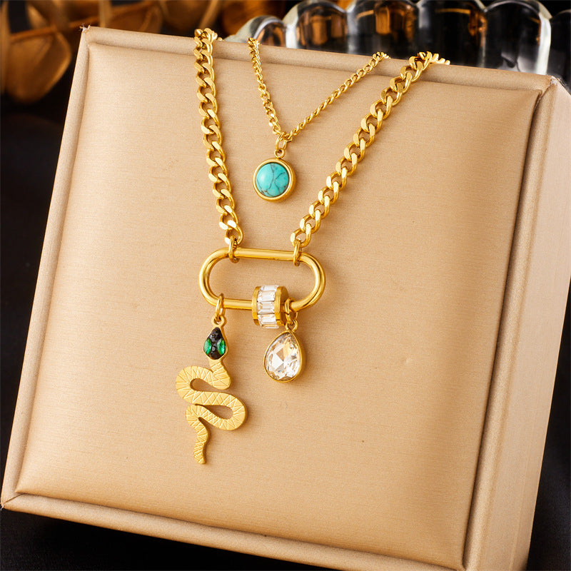 Double-layer Stainless Steel Gold-plated Chain Turquoise