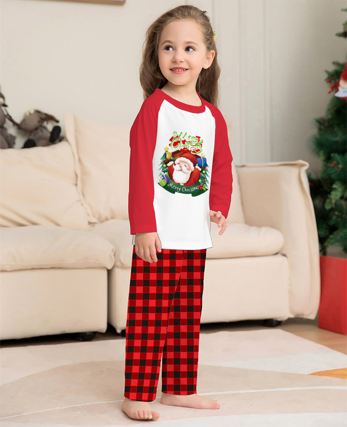 De noël Parent-Enfant Vêtements Ensemble À Manches Longues T-Shirt À Carreaux Pantalon Famille Correspondant Pyjama