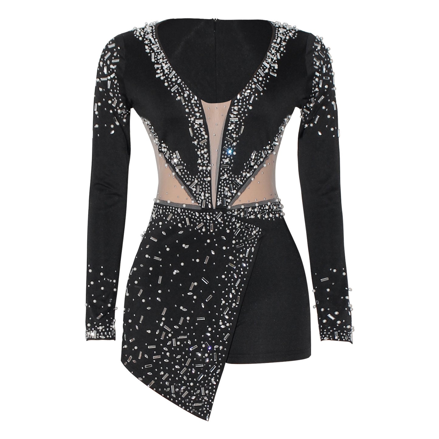 V-neck Rhinestone Tight Long Sleeve Jumpsuit
