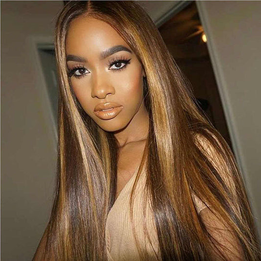 Mi-longueur droite cheveux brun pick or cheveux longs synthétique coiffures