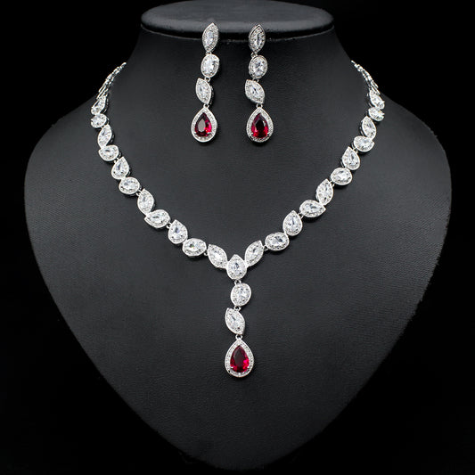Collier coloré zircon boucles d'oreilles chaîne de clavicule femme noble robe de mariée de luxe trois pièces ensemble