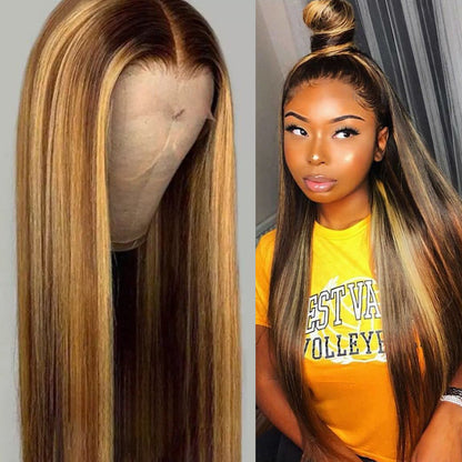 Mi-longueur droite cheveux brun pick or cheveux longs synthétique coiffures
