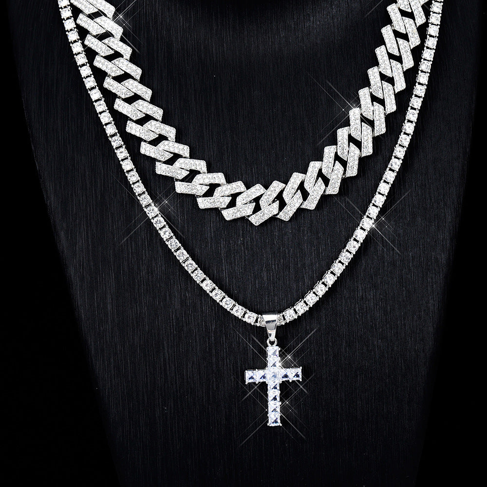 Pendentif croix en zircon collier Hip Hop Full Miami Curb Cuban Chaîne Glaqué Strass Bling Colliers Rapper pour hommes et femmes Chaîne de clavicule bijoux