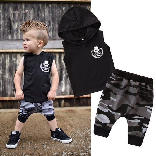 2 pièces enfant en bas âge enfants bébé garçon sans manches à capuche vêtements T-shirt hauts camouflage pantalon tenues