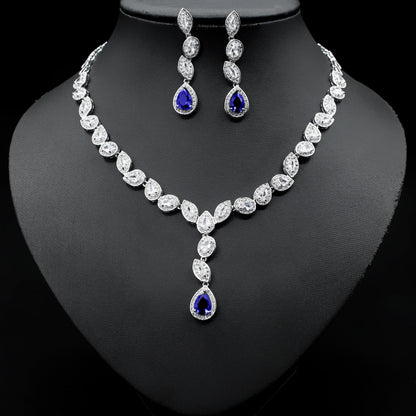 Collier coloré zircon boucles d'oreilles chaîne de clavicule femme noble robe de mariée de luxe trois pièces ensemble