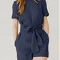 Cotton Linen Solid Color Round Neck Short Sleeves Pocket Lace-up Waist-controlled Casual One-piece Pant Belt Belt