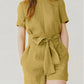 Cotton Linen Solid Color Round Neck Short Sleeves Pocket Lace-up Waist-controlled Casual One-piece Pant Belt Belt
