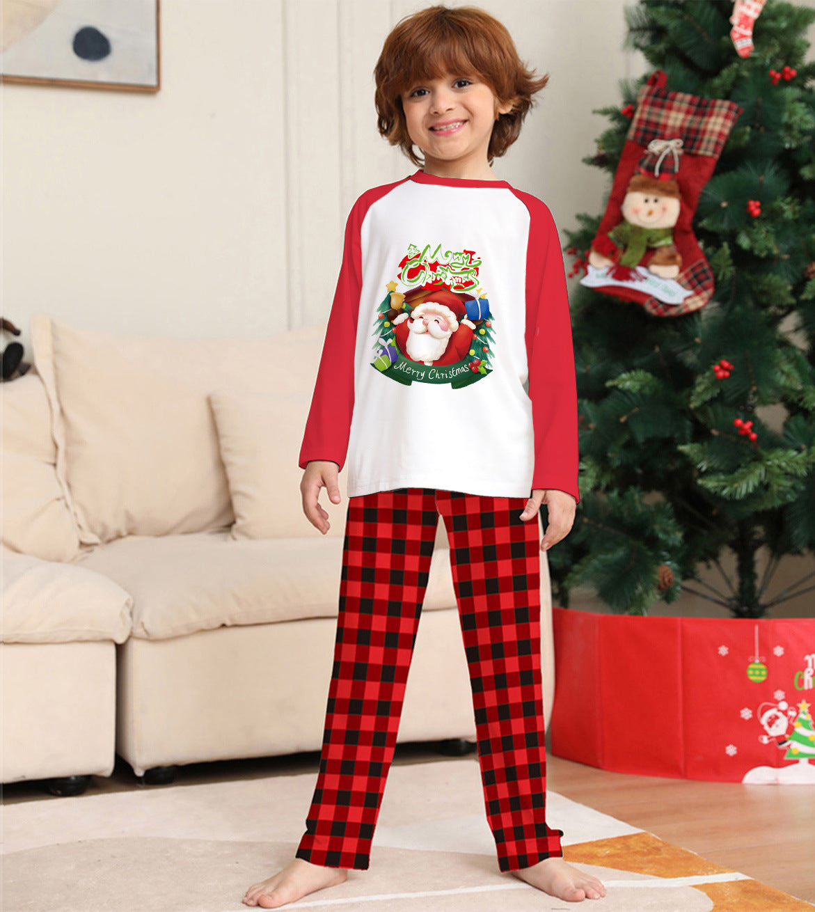 De noël Parent-Enfant Vêtements Ensemble À Manches Longues T-Shirt À Carreaux Pantalon Famille Correspondant Pyjama