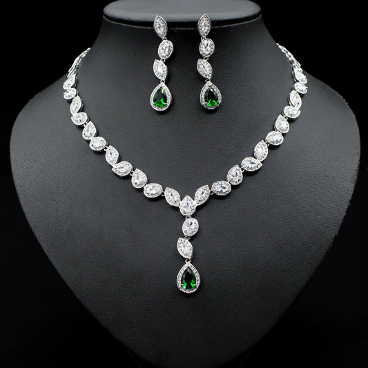 Collier coloré zircon boucles d'oreilles chaîne de clavicule femme noble robe de mariée de luxe trois pièces ensemble