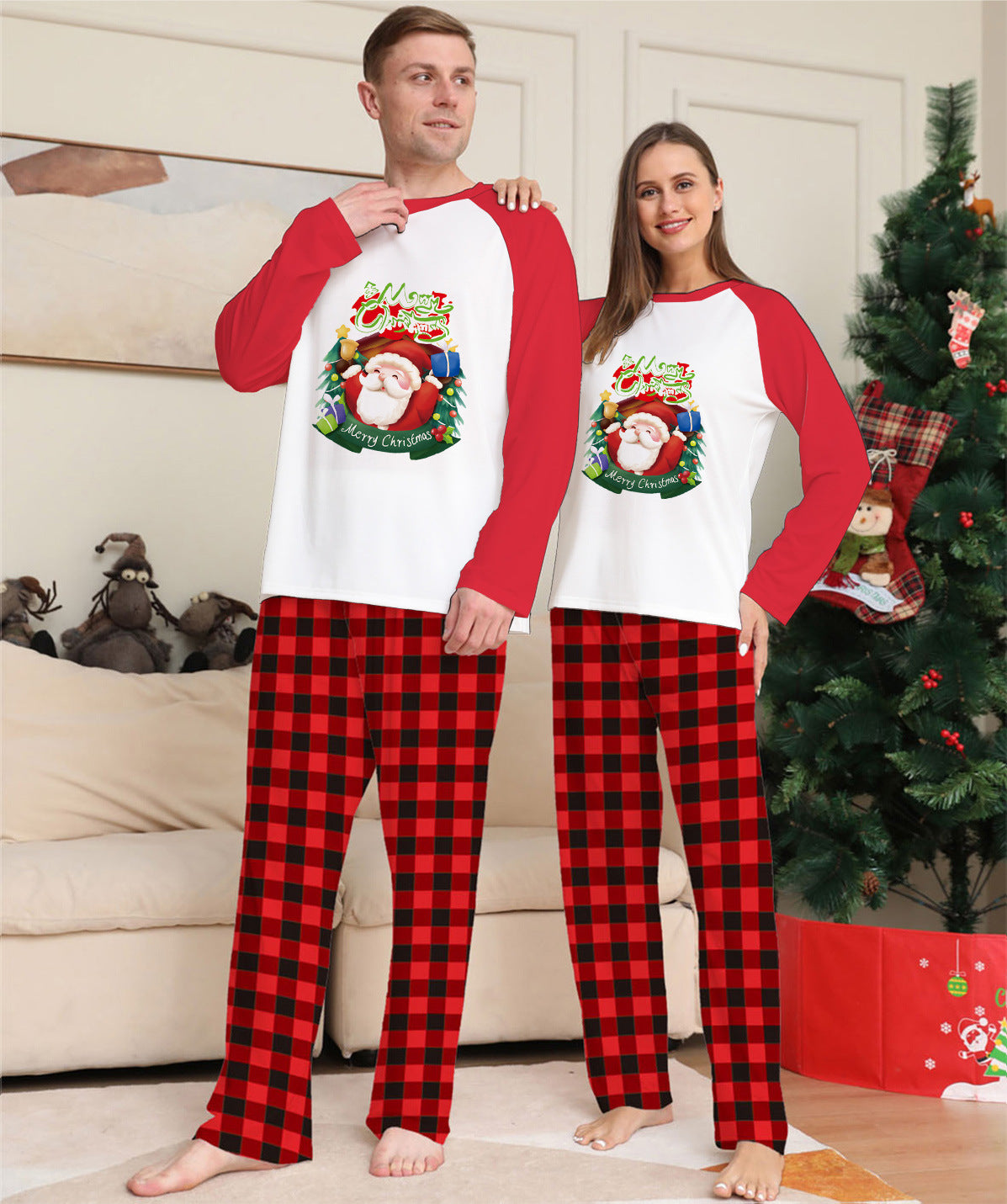 De noël Parent-Enfant Vêtements Ensemble À Manches Longues T-Shirt À Carreaux Pantalon Famille Correspondant Pyjama