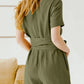Cotton Linen Solid Color Round Neck Short Sleeves Pocket Lace-up Waist-controlled Casual One-piece Pant Belt Belt