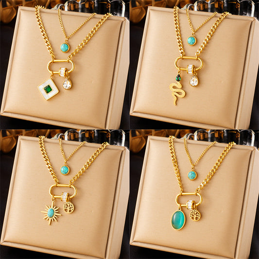 Double-layer Stainless Steel Gold-plated Chain Turquoise