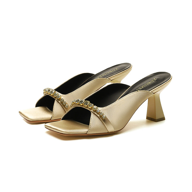Chaussures rétro françaises pour femmes bout carré bout ouvert talons hauts strass
