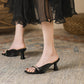 Chaussures rétro françaises pour femmes bout carré bout ouvert talons hauts strass