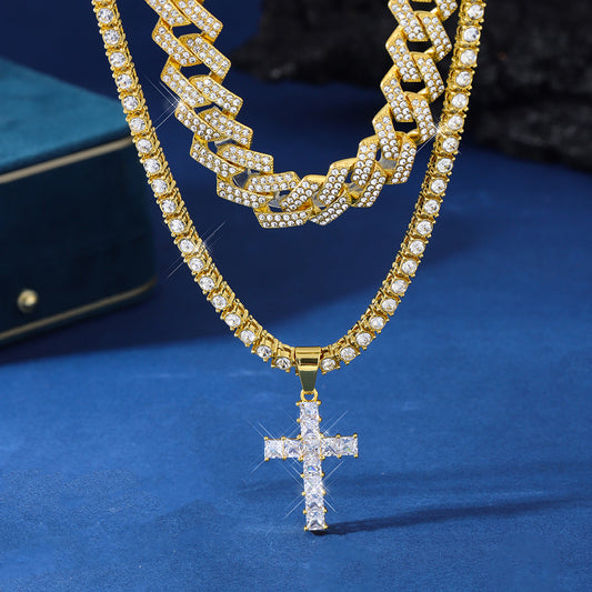Pendentif croix en zircon collier Hip Hop Full Miami Curb Cuban Chaîne Glaqué Strass Bling Colliers Rapper pour hommes et femmes Chaîne de clavicule bijoux