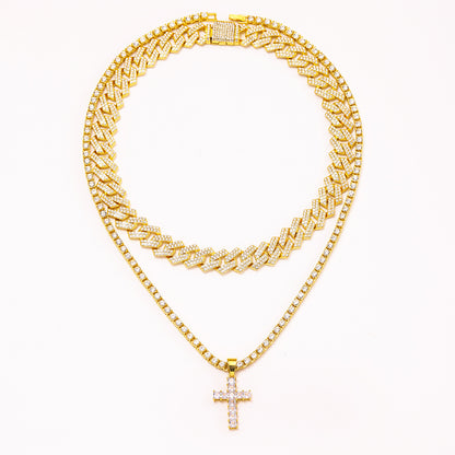 Pendentif croix en zircon collier Hip Hop Full Miami Curb Cuban Chaîne Glaqué Strass Bling Colliers Rapper pour hommes et femmes Chaîne de clavicule bijoux