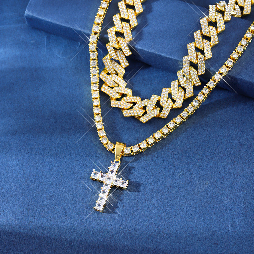 Pendentif croix en zircon collier Hip Hop Full Miami Curb Cuban Chaîne Glaqué Strass Bling Colliers Rapper pour hommes et femmes Chaîne de clavicule bijoux