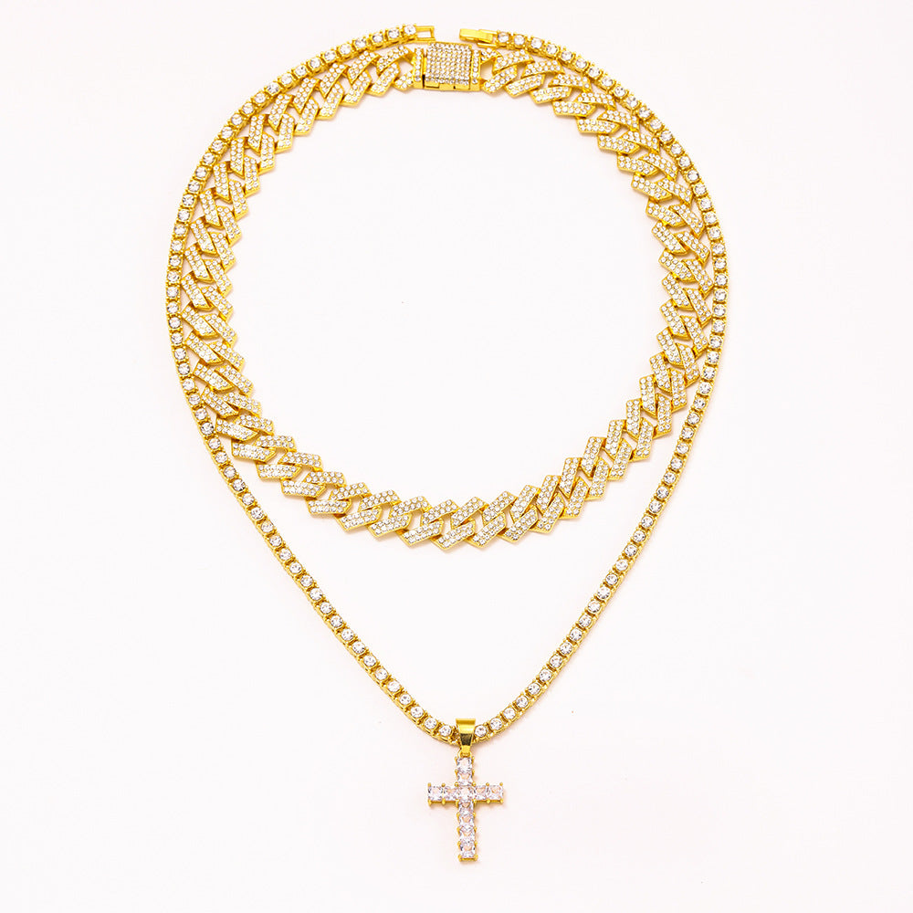 Pendentif croix en zircon collier Hip Hop Full Miami Curb Cuban Chaîne Glaqué Strass Bling Colliers Rapper pour hommes et femmes Chaîne de clavicule bijoux