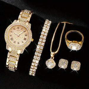 Montre à quartz romain à la mode diamant cinq pièces pour femme