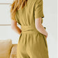Cotton Linen Solid Color Round Neck Short Sleeves Pocket Lace-up Waist-controlled Casual One-piece Pant Belt Belt
