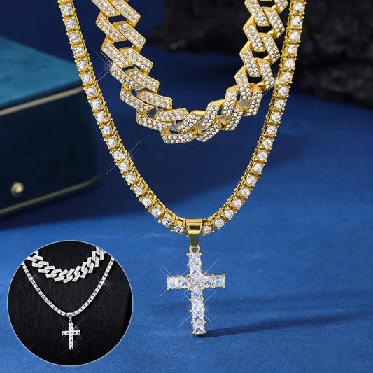 Pendentif croix en zircon collier Hip Hop Full Miami Curb Cuban Chaîne Glaqué Strass Bling Colliers Rapper pour hommes et femmes Chaîne de clavicule bijoux